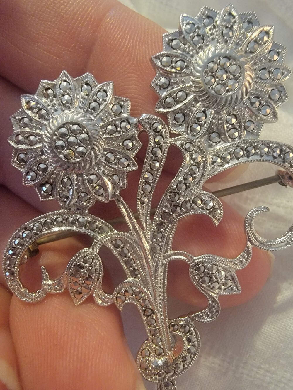 Vintage Sterling Marcasite Flower Brooch Art Deco
